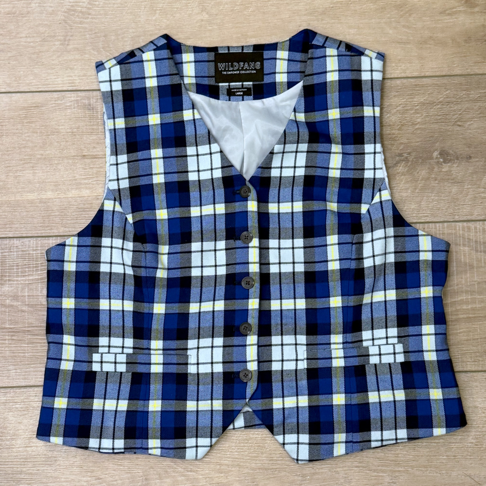 NEW WILDFANG BLUE EMPOWER TARTAN PLAID VEST SZ L
